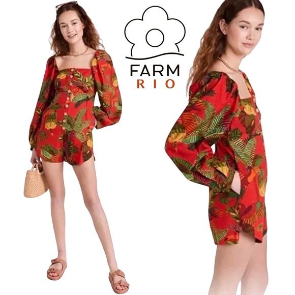 Anthropologie Farm Rio Red Forest Birds Romper Playsuit Linen Tiki Bold Print - Picture 1 of 16